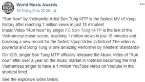 Nghệ sĩ đầu tiên của Việt Nam được ưu ái xuất hiện trên trang World Music Awards với 2,7 triệu lượt like: Ngoài sao US – UK, Việt Nam có một ca sĩ đạt thành tích mà thế giới phải nể phục!