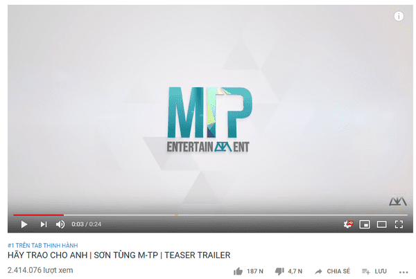 Teaser trailer MV Hãy trao cho anh lọt top 1 trending Youtube