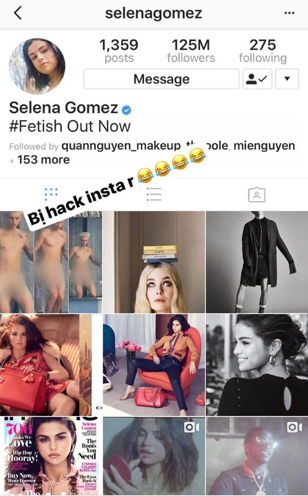 Selena Gomez bị hack Instagram và… đăng ảnh nhạy cảm của Justin Bieber