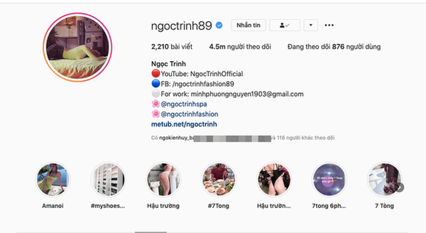 Ngọc Trinh đứng thứ 3 trong Top sao Việt được theo dõi nhiều nhất trên Instagram