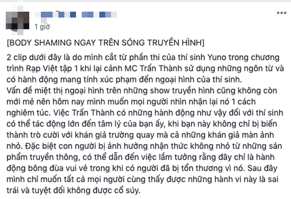 Trấn Thành bị tố body shaming một thí sinh của Rap Việt