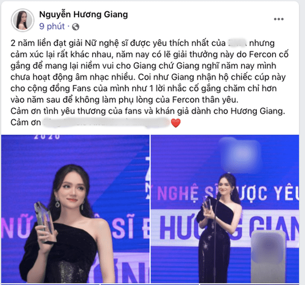 Hương Giang bị chỉ trích khi nhận giải Nữ ca sĩ được yêu thích nhất 1