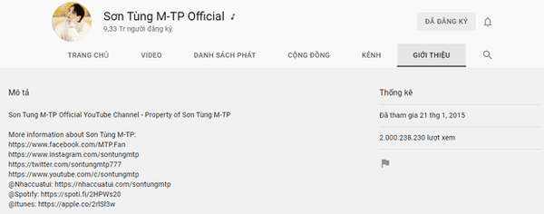 kênh Youtube của Sơn Tùng M-TP đạt 2 tỷ view 1