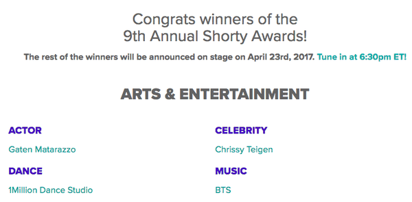 BTS chiến thắng tại Shorty Awards lần thứ 9