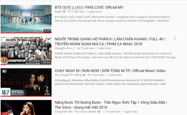 top 4 trending youtube Việt Nam