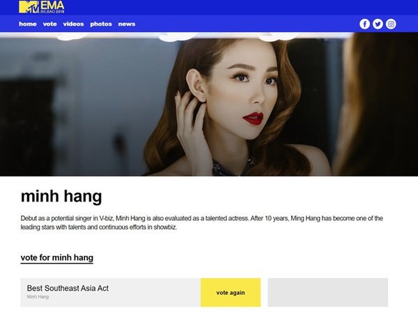 Trang bình chọn cho Minh Hằng qua trang web của MTV EMA 2018